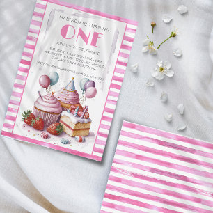 Convites Cupcake doce Festa de aniversário Watercolor ONE
