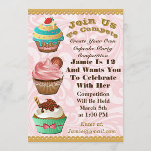 Convites Cupcake Guerras Assares Fora do Aniversário, Pink 