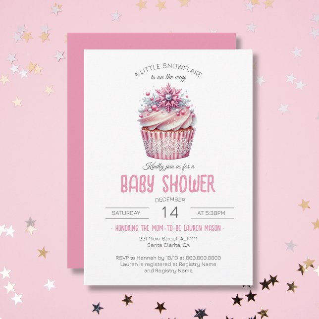 Convites Cupcake rosa, bebê, aspersor, Chá de fraldas de in (Pink Cupcake Sprinkle Winter Girl Baby Shower Invitation)