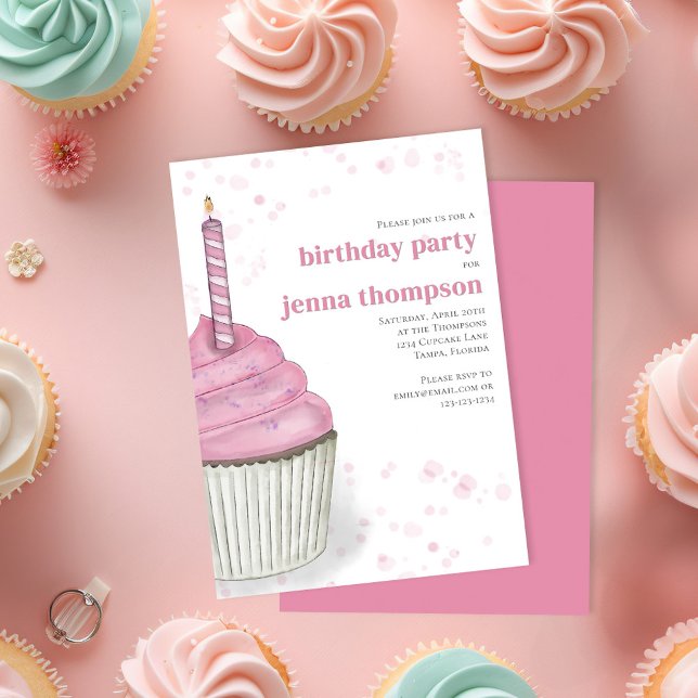 Convites Cupcake Rosa de Primeira Festa de Aniversário Pers (Pink watercolor birthday cupcake custom invitaiton. )