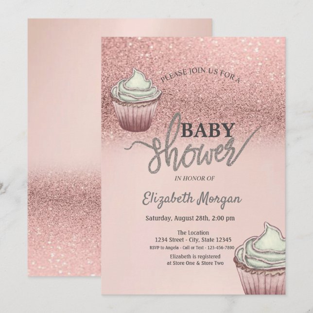 Convites Cupcakes Bokeh Dourado Rosa (Frente/Verso)