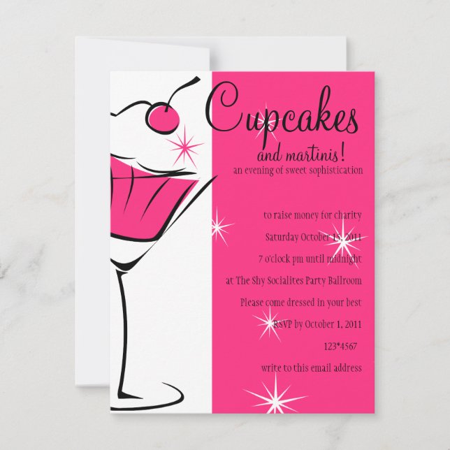 Convites Cupcakes e Martinis no rosa-quente (Frente)