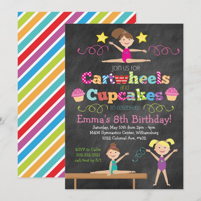 Convites Cupcakes e rodas do Chalkboard Gymnastics Party (Frente/Verso)