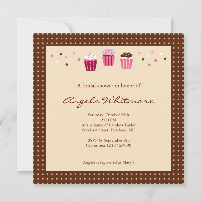 Convites Cupcakes em Rosa, Marrom e Creme (Frente)