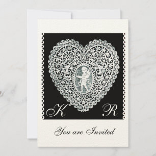 Convites CUPIDO LACE Coração MONOGRAMA papel feltro