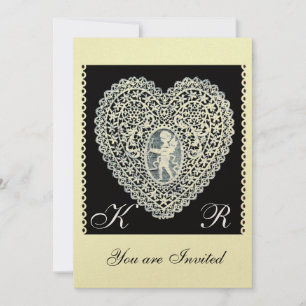 Convites CUPIDO LACE Coração MONOGRAMA papel metálico doura