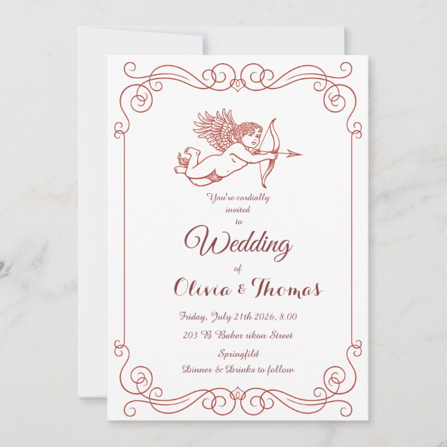 Convites Cupid's Arrow Vintage Wedding Invitation Red (Frente)