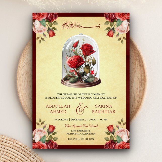 Convites Cúpula de Vidro Rosa Vermelha Código QR Casamento  (Criador carregado)