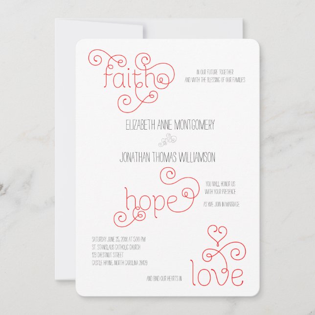 Convites Curly Red Script Faith Hope Casamento de Amor (Frente)