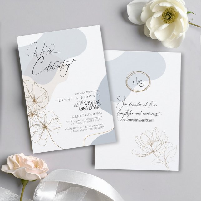 Convites Cursive Floral 60º aniversário Dusty Blue ID1168 (Criador carregado)