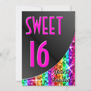 Convites Curva preta Glitz Rainbow Stripe "Sweet 16"