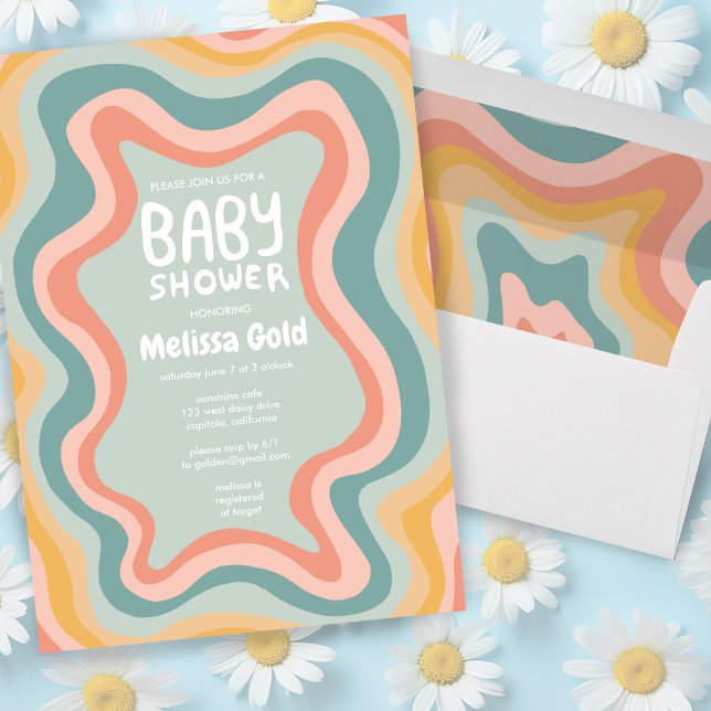 Convites Curvas de Pastel do Groovy do chá de fraldas PERSO (Colorful pastel curves baby shower custom invitation with matching envelopes too!)