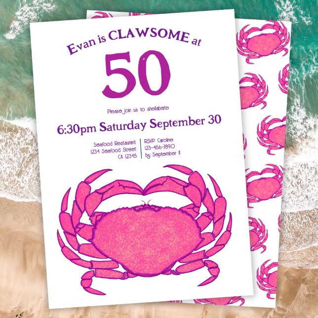 Convites Custom 50th Birthday Bold Pink Crab Seafood Pun (Criador carregado)