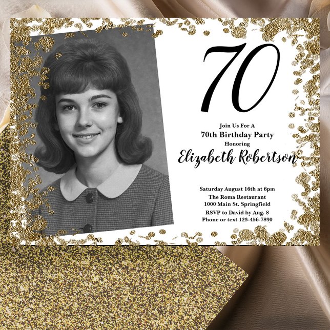 Convites Custom 70th Photo Black and Gold Sequins (Criador carregado)