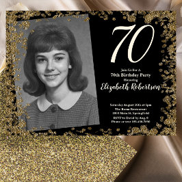 Convites Custom 70th Photo Black and Gold Sequins
