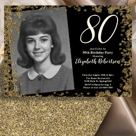 Convites Custom 80th Photo Black and Gold Sequins
