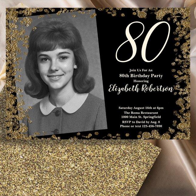 Convites Custom 80th Photo Black and Gold Sequins (Criador carregado)