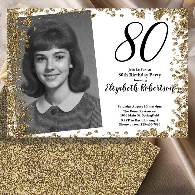 Convites Custom 80th Photo Black and Gold Sequins (Criador carregado)