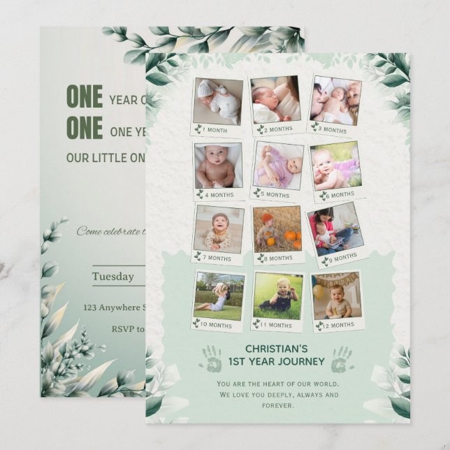 Convites Custom Baby’s 1st Year Journey Photo Collage (Frente/Verso)