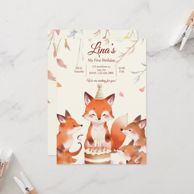 Convites Custom Birthday Invitation with Cute Foxes (Frente/Verso In Situ)
