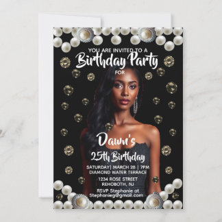 Convites Custom Birthday Party Diamond, & Pearl Photo Black