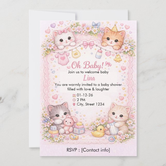 Convites Custom Cat-Themed Baby Shower Invitation  (Frente)