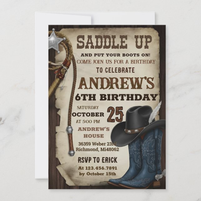 Convites Custom Cowboy Hat and Lasso Wild West Birthday (Frente)
