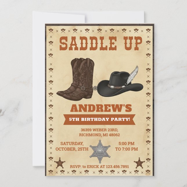 Convites Custom Cowboy Western Theme Birthday Party (Frente)