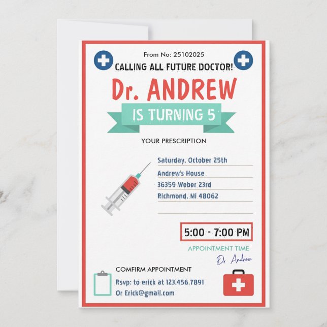 Convites Custom Digital Kids Doctor Pretend Birthday Party (Frente)
