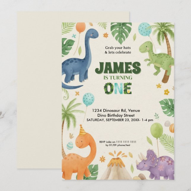 Convites Custom Dino Jungle 1st Birthday Invitation  (Frente/Verso)