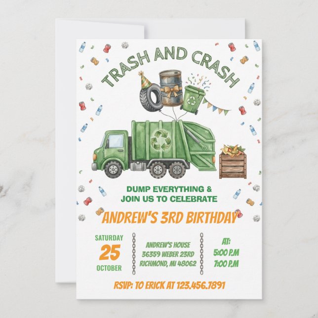Convites Custom Dump Truck Trash Bash Birthday Invitation (Frente)