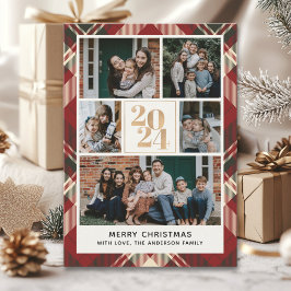 Convites Custom Family Christmas card with 5 Photos Tartan 