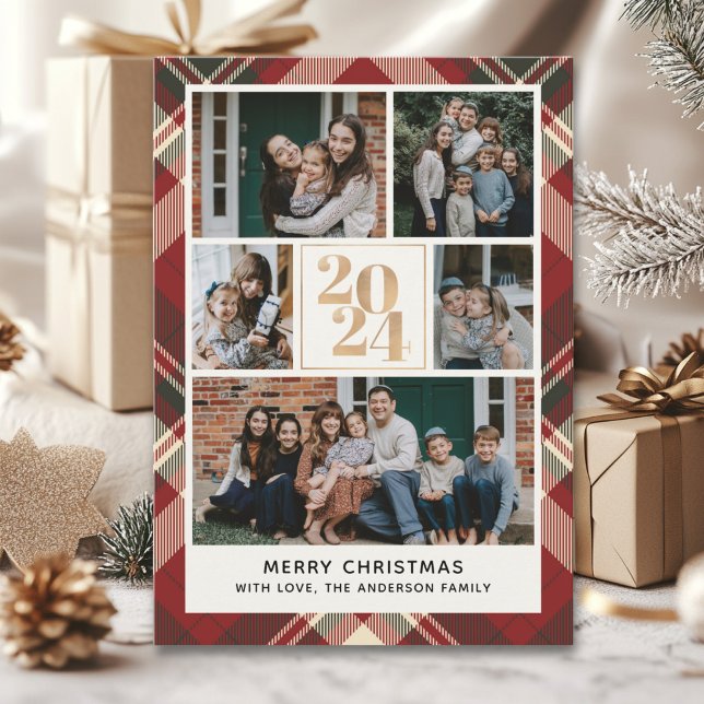 Convites Custom Family Christmas card with 5 Photos Tartan  (Criador carregado)
