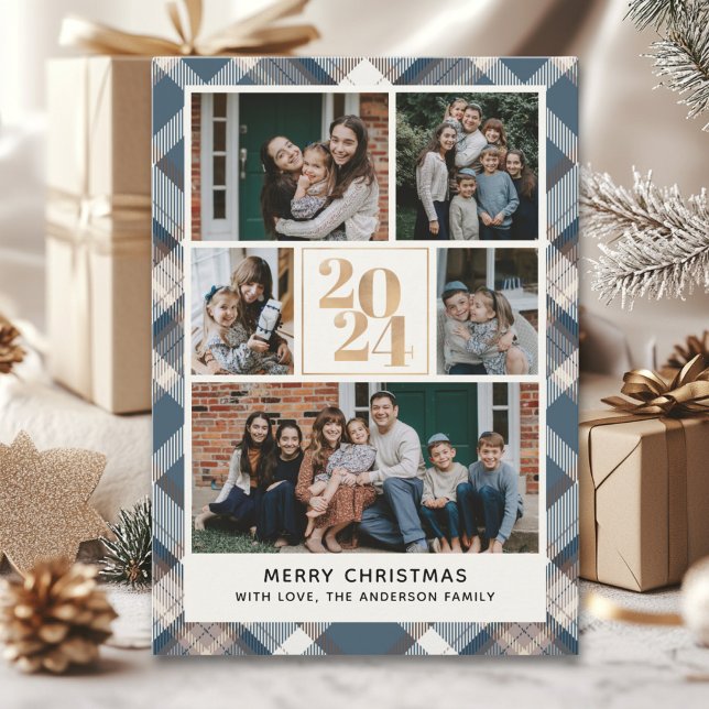 Convites Custom Family Christmas card with 5 Photos Tartan  (Criador carregado)