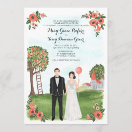 Convites Custom Illustrated Couple Portrait Farm Wedding