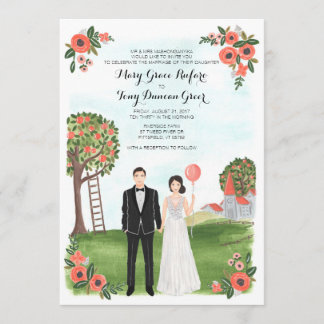 Convites Custom Illustrated Couple Portrait Farm Wedding
