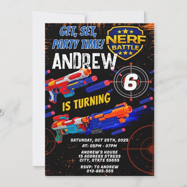 Convites Custom Kids Nerf Birthday Invitation (Frente)