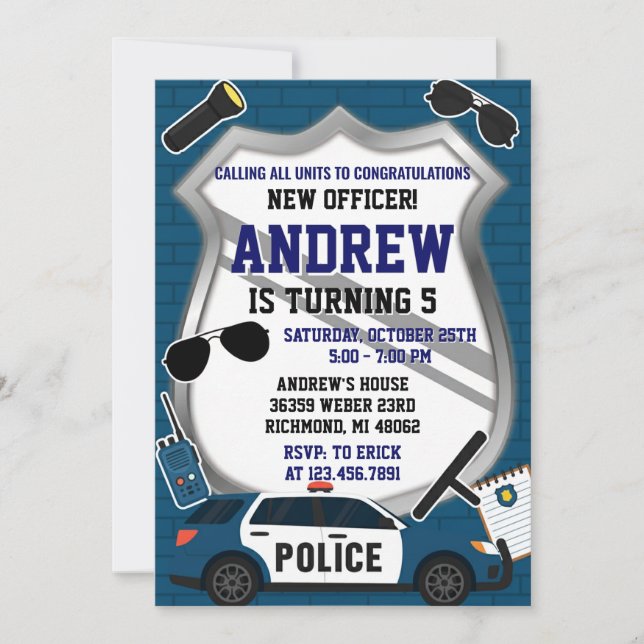Convites Custom Modern Police Birthday Party Invitation (Frente)