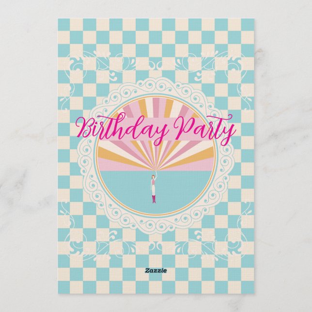 Convites Custom Pastel Blue Checkered Birthday Party (Verso)