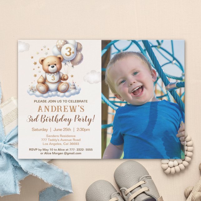 Convites Custom Photo 3rd Birthday Invite – Bear on a Cloud (Criador carregado)