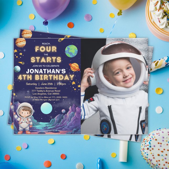Convites Custom Photo Astronaut 4th Birthday Boy (Criador carregado)