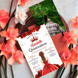 Convites Custom Photo Royal Red Rose Quinceañera Invite