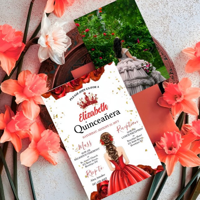 Convites Custom Photo Royal Red Rose Quinceañera Invite (Criador carregado)