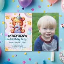 “Custom Photo Teddy Bear 2nd Birthday | Watercolor