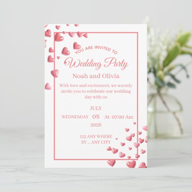 Convites Custom Pink Heart Wedding Invitation Card (Em pé/Frente)