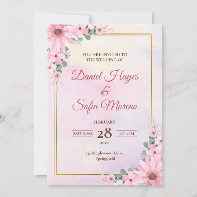 Convites Custom Pink Watercolor Wedding Invitation (Frente)