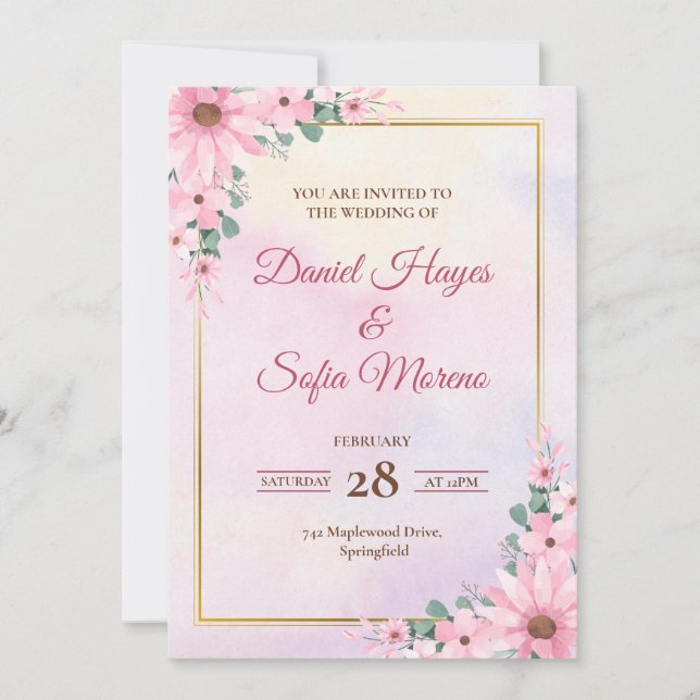 Convites Custom Pink Watercolor Wedding Invitation (Frente)