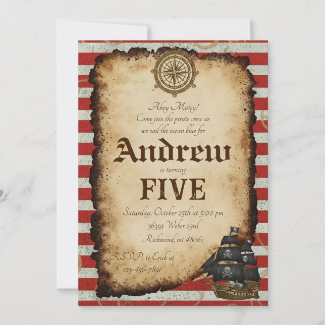 Convites Custom Pirate Skull Treasure Map Ahoy Birthday (Frente)