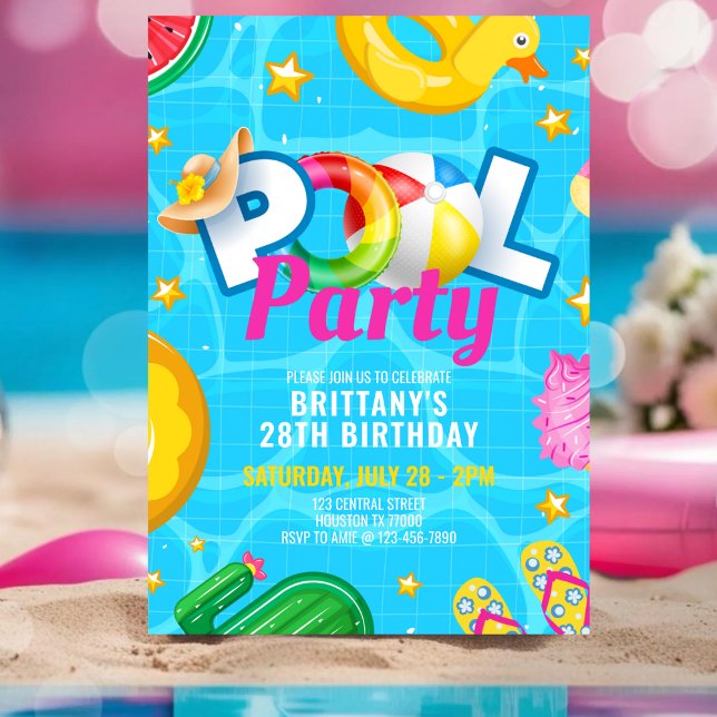 Convites Custom Pool Party Birthday Summer Birthday Party (Criador carregado)