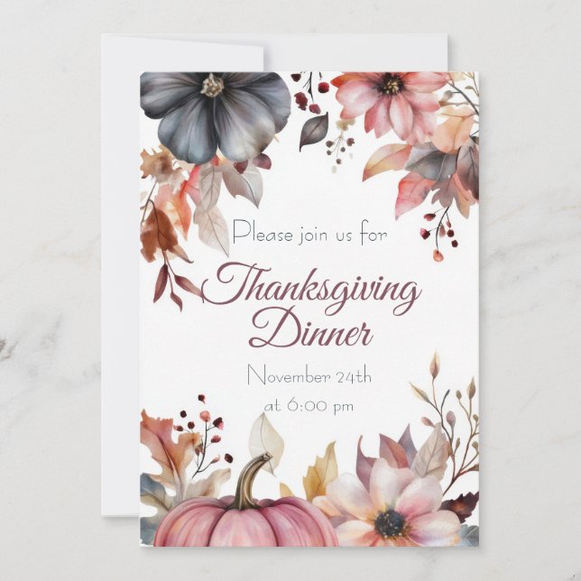 Convites Custom Thanksgiving Dinner Pumpkin and Flowers (Frente)